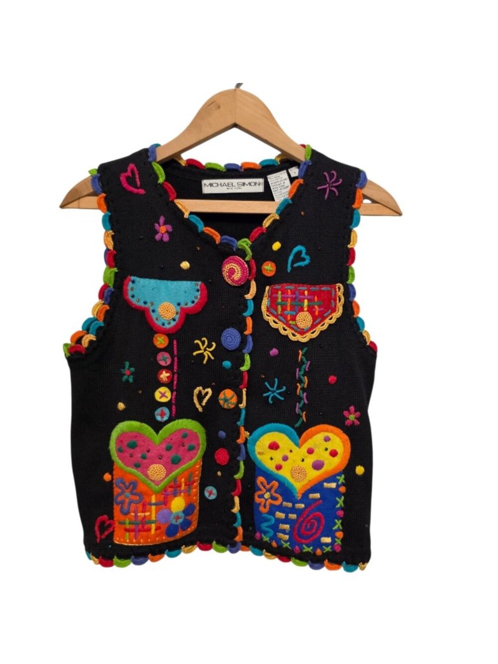 Vintage Michael Simon Sweater Vest Folk Art Hearts Embellished Size 1 1994